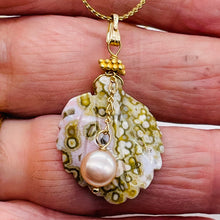 Load image into Gallery viewer, Ocean Jasper Leaf w/Pearl 14K Gold Filled Pendant | 1 1/2" Long | Yellow/White |