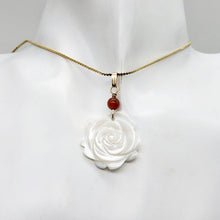 Load image into Gallery viewer, Carved Mother of Pearl Rose 14K Gold Filled Pendant| White | 31mm | 1 5/8" Long|