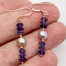 Load image into Gallery viewer, Vibrant Faceted Iolite and Pearl Dangling Earrings |Rose Gold | 1 3/4" Long |