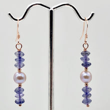 Load image into Gallery viewer, Vibrant Faceted Iolite and Pearl Dangling Earrings |Rose Gold | 1 3/4" Long |