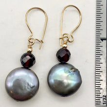 Load image into Gallery viewer, Platinum Freshwater Coin Pearl and Garnet 14kgf Dangling Earrings | 1 3/8 Inch |