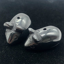 Load image into Gallery viewer, Two Carved Hematite Mouse Beads | 20.5x12x10.5 mm | Grey