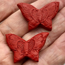 Load image into Gallery viewer, Cinnabar Carved Butterfly Beads | 25x17x11mm | Red | 2 Beads |