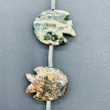 Load image into Gallery viewer, 2 Hand Carved Ocean Jasper Fish Beads | 24x20x5mm-17x18x7mm | Green and Grey