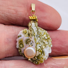 Load image into Gallery viewer, Ocean Jasper Leaf w/Pearl 14K Gold Filled Pendant | 1 1/2" Long | Yellow/White |