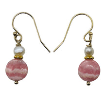 Load image into Gallery viewer, Rhodochrosite and Pearl Drop 14K Gold Filled Earrings | 1 1/2" Long |