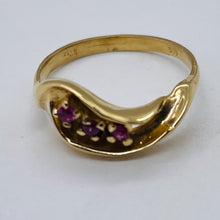 Load image into Gallery viewer, Three Stone Natural Red Ruby in Solid 14Kt Yellow Gold Ring Size 6 9982x