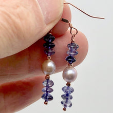 Load image into Gallery viewer, Vibrant Faceted Iolite and Pearl Dangling Earrings |Rose Gold | 1 3/4" Long |