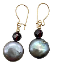 Load image into Gallery viewer, Platinum Freshwater Coin Pearl and Garnet 14kgf Dangling Earrings | 1 3/8 Inch |