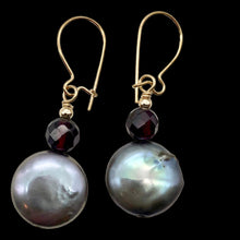 Load image into Gallery viewer, Platinum Freshwater Coin Pearl and Garnet 14kgf Dangling Earrings | 1 3/8 Inch |