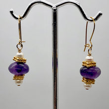 Load image into Gallery viewer, Amethyst Roundel and Pearl 14K Gold Filled Drop Earrings| 1 1/4" Long| Purple |