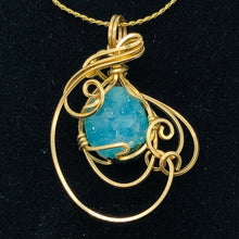 Load image into Gallery viewer, Druzy Chrysocolla 14K Gold Filled Wire Wrap Pendant| 1 1/4" Long|Blue| 1 Pendant
