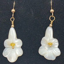 Load image into Gallery viewer, Shimmer! Carved Mother of Pearl Flower Earrings w/Yellow Sapphire Center 14Kgf - PremiumBead Alternate Image 2