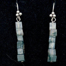Load image into Gallery viewer, Sterling Silver Moss Agate Cube Bead Earrings | 2 inches long | Green/Clear |