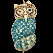 Load image into Gallery viewer, Wisdom Carved Bone 49x23x8mm Owl Bead 10583 | 49x23x8mm | Cream, Blue and Brown