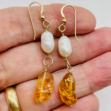 Load image into Gallery viewer, Topaz Pearl 14K Gold Filled Dangle Earrings | 2 1/4" Long | Orange White | 1 |