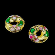 Load image into Gallery viewer, 2 Golden Flowers Cloisonne Pi Circle 15x4mm(3.5mm opening) Beads 8637B