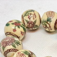 Load image into Gallery viewer, Scrimshawed Phoenix and Lotus Waterbuffalo Bone 20mm Round Bead 10735 | 20mm | Cream, Green, Red, Brown - PremiumBead Primary Image 1