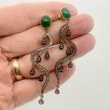 Load image into Gallery viewer, 18Kt Gold Earrings Dripping W/ 108 Diamonds Pink Sapphire Emerald 6521
