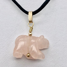 Load image into Gallery viewer, Roar! Hand Carved Natural Rose Quartz Bear 14Kgf Pendant | 13x18x7mm (Bear), 5.5mm (Bail Opening), 1.5" (Long) | Pink - PremiumBead Alternate Image 2