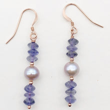 Load image into Gallery viewer, Vibrant Faceted Iolite and Pearl Dangling Earrings |Rose Gold | 1 3/4" Long |