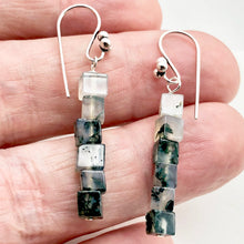 Load image into Gallery viewer, Sterling Silver Moss Agate Cube Bead Earrings | 2 inches long | Green/Clear |
