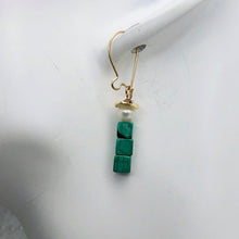 Load image into Gallery viewer, Exotic! Malachite Cube Beads Pearl 14K Gold Filled Earrings! | 1 3/8 inch Long |