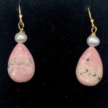 Load image into Gallery viewer, Teardrop Rhodochrosite and Pearl Drop 14K Gold Filled Earrings | 1 1/2" Long | - PremiumBead Alternate Image 2