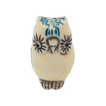 Load image into Gallery viewer, Wise Owl Carved Bone 25x15x10mm Bead 10746 | 25x15x10mm | Cream, Blue and Black