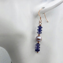 Load image into Gallery viewer, Vibrant Faceted Iolite and Pearl Dangling Earrings |Rose Gold | 1 3/4" Long |