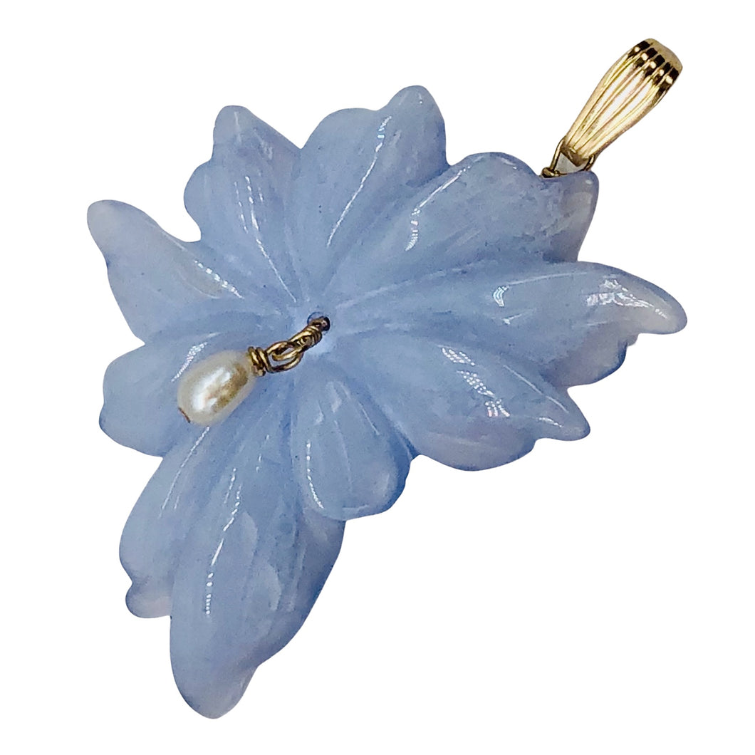 Hand Carved Blue Chalcedony Flower 14K Gold Filled Pendant! | 2 1/4