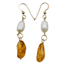 Load image into Gallery viewer, Topaz Pearl 14K Gold Filled Dangle Earrings | 2 1/4" Long | Orange White | 1 |
