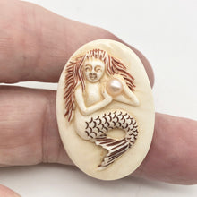 Load image into Gallery viewer, Splash Mermaid with Pearl Scrimshawed Carved Waterbuffalo Bone Button | 40x28mm | Cream Red Brown - PremiumBead Alternate Image 3