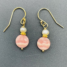 Load image into Gallery viewer, Rhodochrosite and Pearl Drop 14K Gold Filled Earrings | 1 1/2" Long |