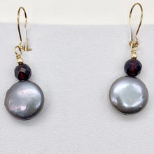 Load image into Gallery viewer, Platinum Freshwater Coin Pearl and Garnet 14kgf Dangling Earrings | 1 3/8 Inch |