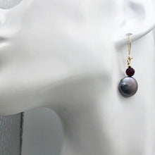 Load image into Gallery viewer, Platinum Freshwater Coin Pearl and Garnet 14kgf Dangling Earrings | 1 3/8 Inch |