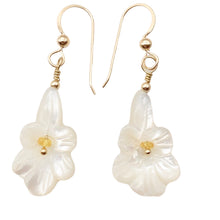 Load image into Gallery viewer, Shimmer! Carved Mother of Pearl Flower Earrings w/Yellow Sapphire Center 14Kgf