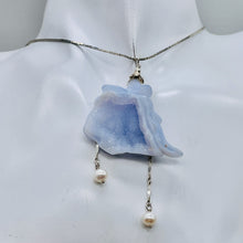 Load image into Gallery viewer, Blue Chalcedony Druzy Carved Flower Sterling Silver Pendant | 2 1/2" Long| Blue|