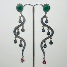 Load image into Gallery viewer, 18Kt Gold Earrings Dripping W/ 108 Diamonds Pink Sapphire Emerald 6521