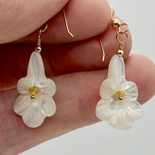 Load image into Gallery viewer, Shimmer! Carved Mother of Pearl Flower Earrings w/Yellow Sapphire Center 14Kgf - PremiumBead Alternate Image 3