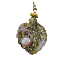 Load image into Gallery viewer, Ocean Jasper Leaf w/Pearl 14K Gold Filled Pendant | 1 1/2" Long | Yellow/White |