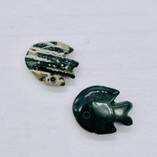 Load image into Gallery viewer, 2 Hand Carved Ocean Jasper Fish Beads | 24x20x5mm-17x18x7mm | Green and Grey