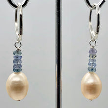 Load image into Gallery viewer, AAA Natural Pink 14x10mm Pearl and Blue Sapphires Solid Sterling Silver Earrings - PremiumBead Alternate Image 4