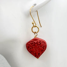 Load image into Gallery viewer, Carved Red Cinnabar Orchid Heart Bead 14K Gold Filled Earrings | 1 3/4" Long |