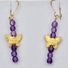 Load image into Gallery viewer, Butterfly and Natural Faceted Amethyst 14K Gold Filled Earrings. | 1 3/4" Long |