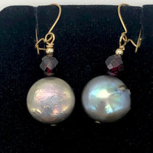 Load image into Gallery viewer, Platinum Freshwater Coin Pearl and Garnet 14kgf Dangling Earrings | 1 3/8 Inch |