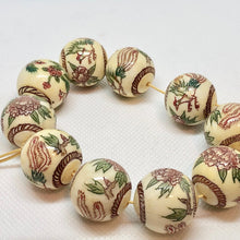 Load image into Gallery viewer, Scrimshawed Phoenix and Lotus Waterbuffalo Bone 20mm Round Bead 10735 | 20mm | Cream, Green, Red, Brown - PremiumBead Alternate Image 4