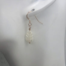 Load image into Gallery viewer, Shimmer! Carved Mother of Pearl 14K Rose Gold Filled Leaf Earrings| 1 1/4" Long|