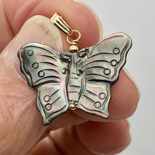 Load image into Gallery viewer, Mussel Shell Carved Butterfly 14K Gold Filled Pendant | 1" Long | Silver Black |