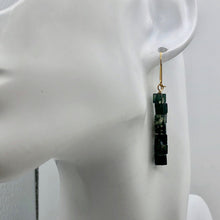 Load image into Gallery viewer, 14k-gold-filled-moss-agate-cube-bead-earrings-2-inches-long-green-clear Alternate Image 4